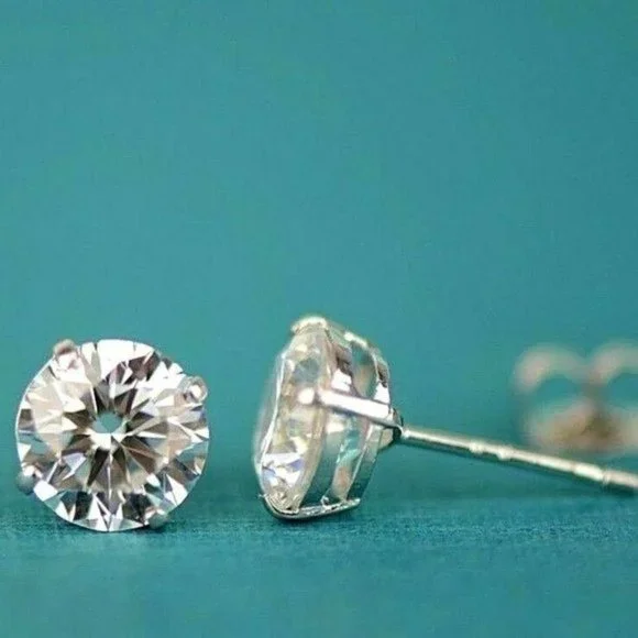 Solid 14k White Gold Heavy Basket Set Earrings w/AAA Quality White Stone Sz 9mm